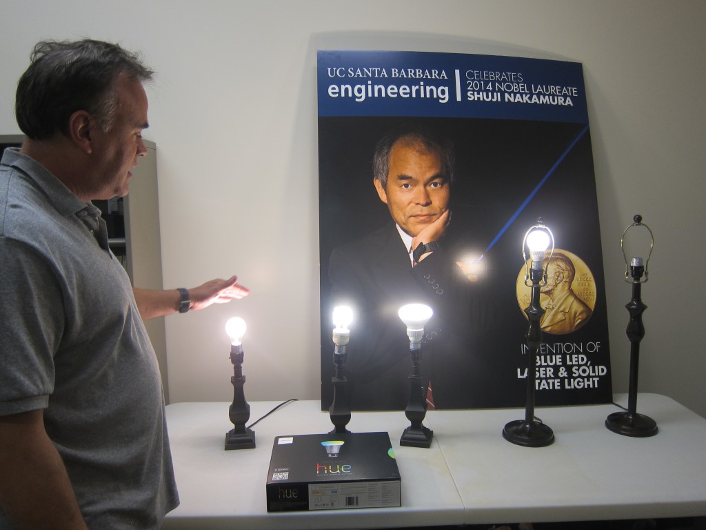 Prof Denbaars shows evolution of lightbulbs UCSB, Alison van Diggelen