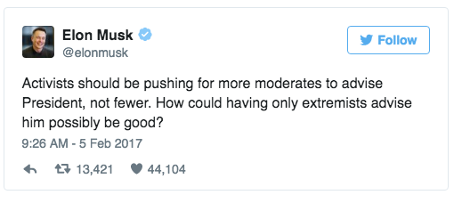 Elon Musk Tweet re Trump extremist advisors Feb 2017