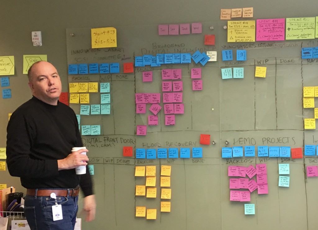 Kip Harkness in scrum meeting SJ City Hall. Photo by Alison van Diggelen, Fresh Dialogues