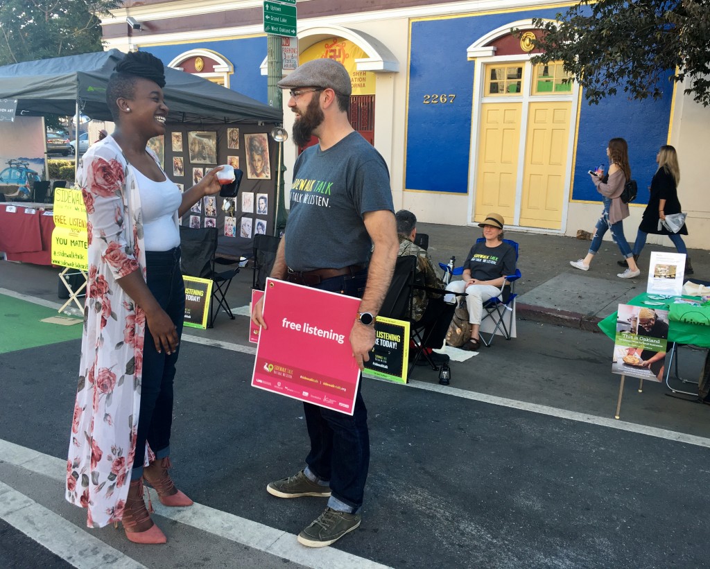 Jessica Anderson talks with Sidewalk Talk's Aaron Culich in Oakland, photo by Alison van Diggelen:Fresh Dialogues